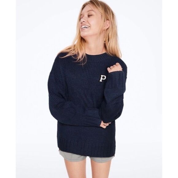 NWT Pink by Victoria’s Secret Dark Blue Boyfriend Pullover Sweater - Size: XS - Picture 1 of 8